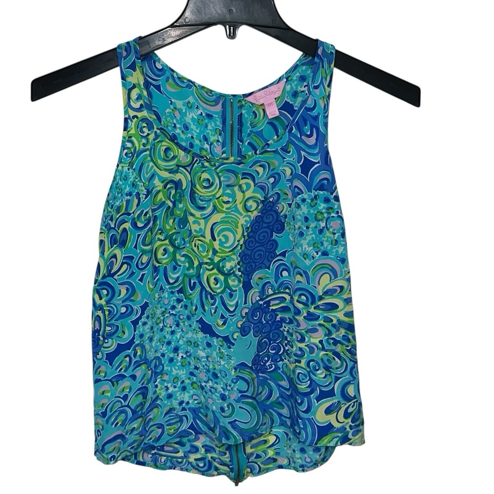 Lily Pulitzer Blouse Women Sz XXS 100% Silk Blue Floral Sleeveless Top Back Zip